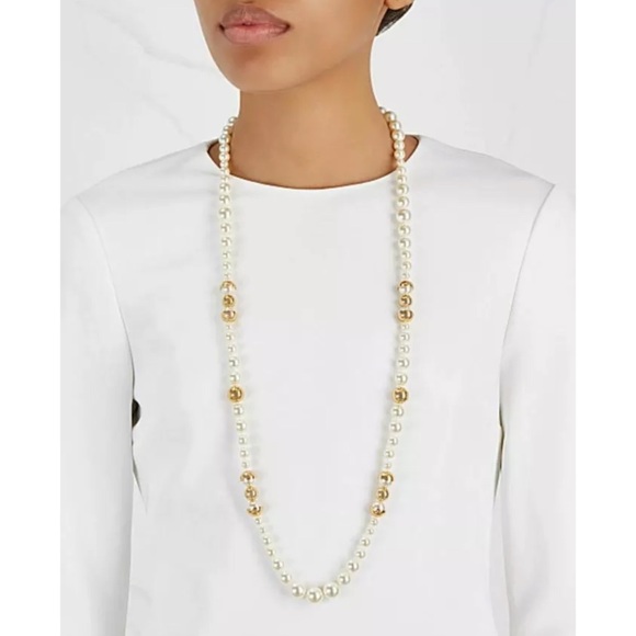TORY BURCH • Capped Crystal Pearl Long Necklace - Picture 9 of 15